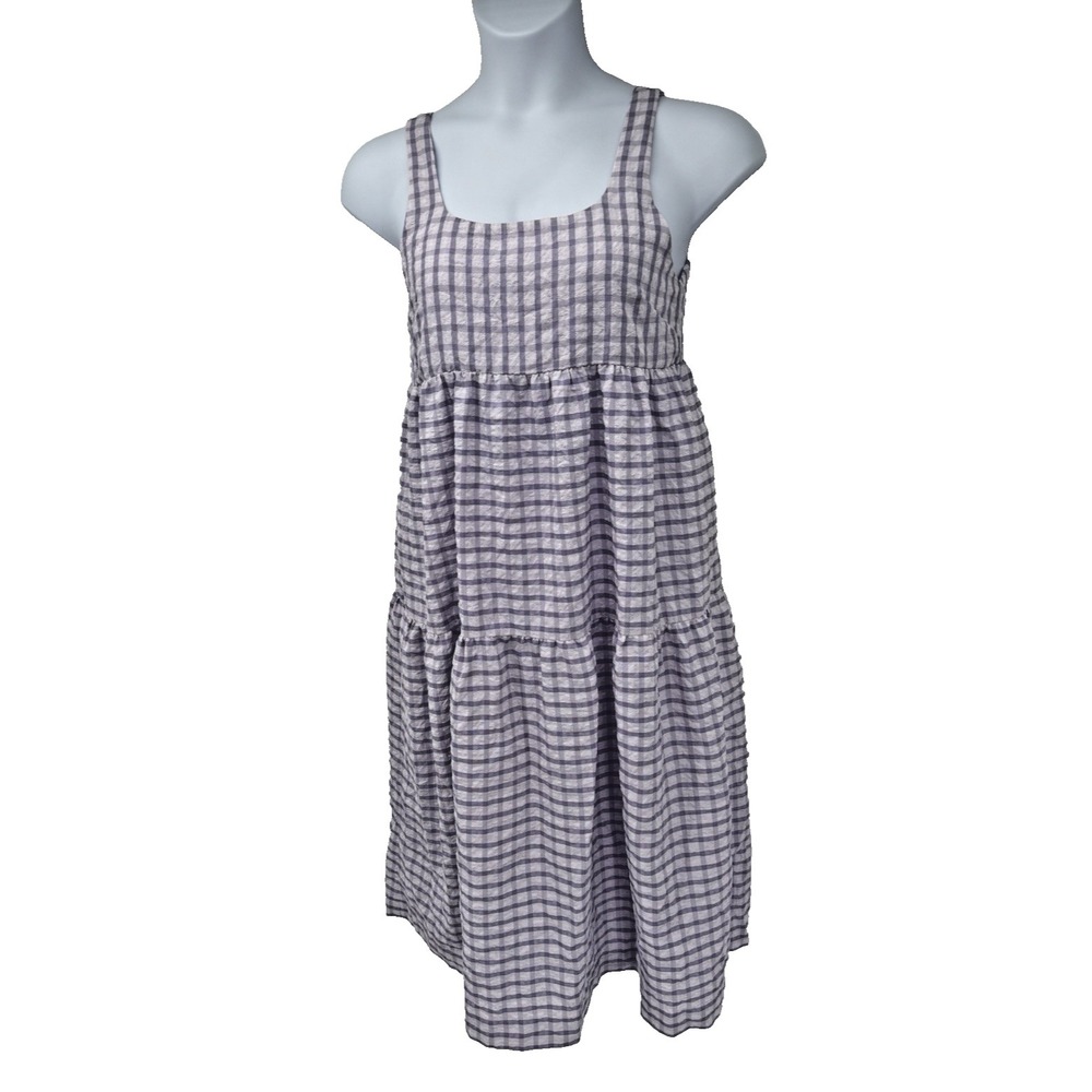 Purple Gingham Smocked Tiered Maxi Dress Checkered cottagecore button detail M